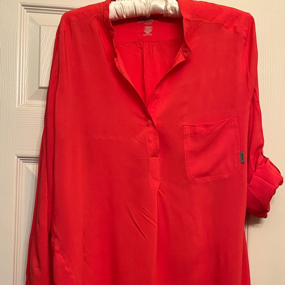 DKNY orange tunic,dress, coverup with adjustable sleeves, hidden placket, light